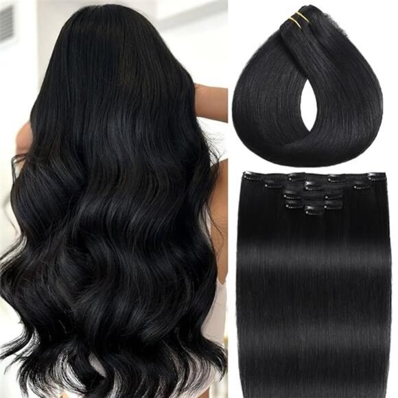 Clip in Hair Extensions Real Human Hair Jet Black Hair Extensions Clip ins Remy - Picture 7 of 7